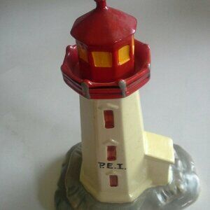Cute red and white lighthouse (PEI) coin savings bank 7"